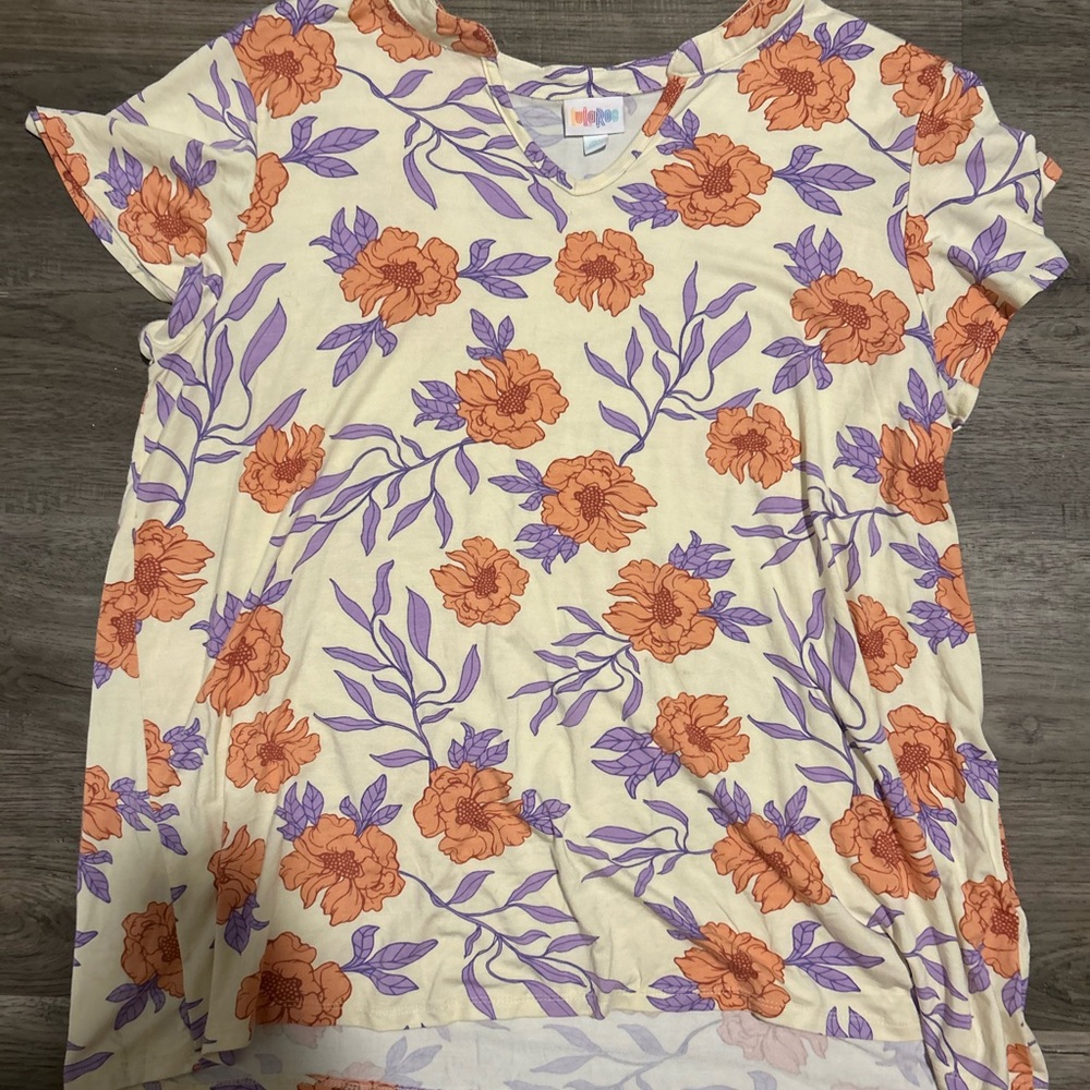LuLaRoe Cream Top with Orange and Purple Floral Design